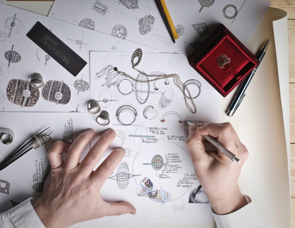 Hands sketching jewelry designs on paper.